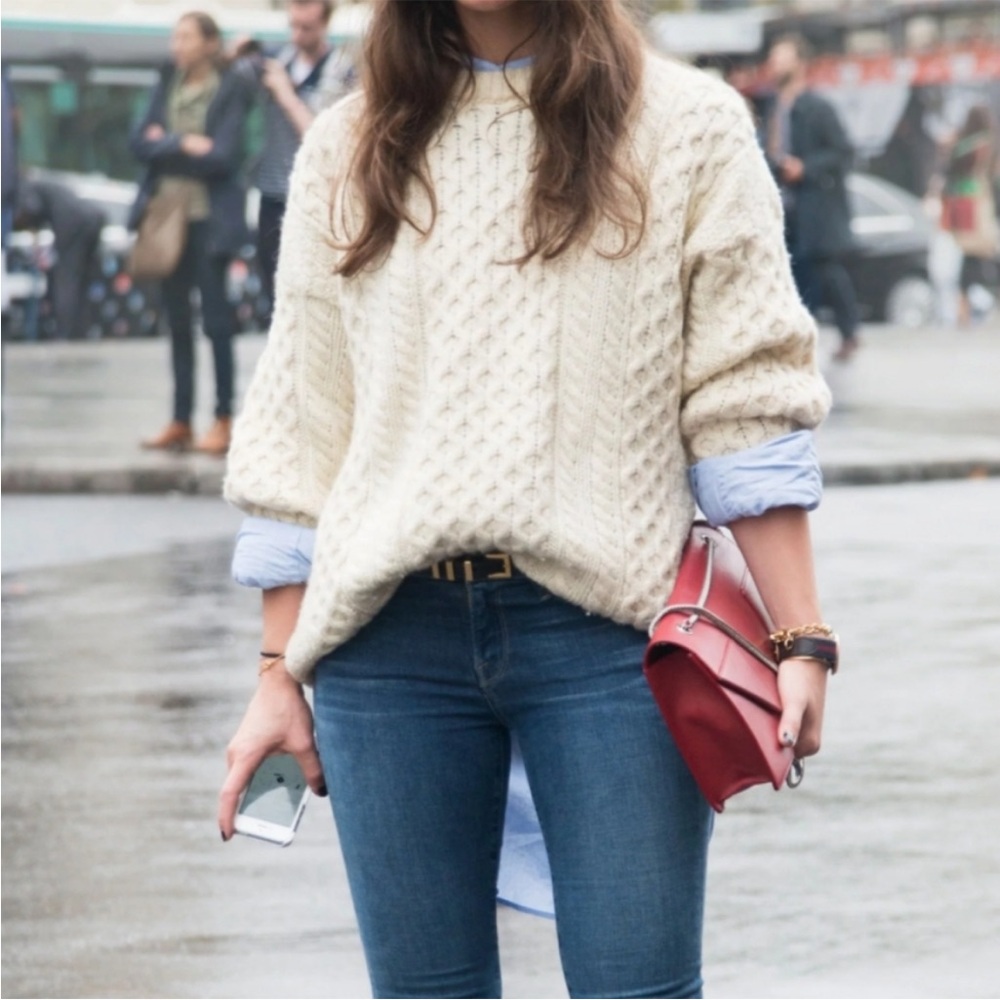 Vintage Ivory Chunky Cable Knit Pure British Wool Irish Fisherman Sweater S / M - Picture 11 of 16